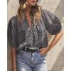 imagePRETTYGARDEN Womens Summer Tops 2025 Dressy Casual Short Sleeve V Neck Buttons Hollow Out Lace Embroidered Blouses ShirtsDark Grey