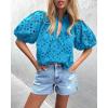 imagePRETTYGARDEN Womens Summer Tops 2025 Dressy Casual Short Sleeve V Neck Buttons Hollow Out Lace Embroidered Blouses ShirtsLake Blue