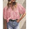 imagePRETTYGARDEN Womens Summer Tops 2025 Dressy Casual Short Sleeve V Neck Buttons Hollow Out Lace Embroidered Blouses ShirtsPink