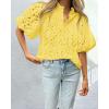 imagePRETTYGARDEN Womens Summer Tops 2025 Dressy Casual Short Sleeve V Neck Buttons Hollow Out Lace Embroidered Blouses ShirtsYellow