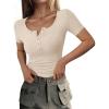 imagePRETTYGARDEN Womens 2025 Spring Summer Short Sleeve Tops Ribbed Henley Button Slim Fit Basic Casual T Shirts Blouse ClothingBeige