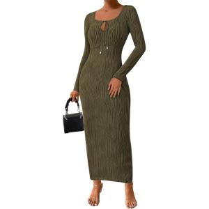 imagePRETTYGARDEN Cocktail Dresses for Women 2024 Fall Long Sleeve Tie Front Cut Out Bodycon Sexy Club Party Maxi DressArmy Green