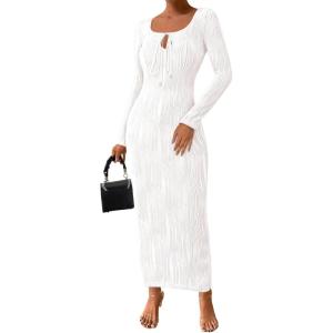 imagePRETTYGARDEN Cocktail Dresses for Women 2024 Fall Long Sleeve Tie Front Cut Out Bodycon Sexy Club Party Maxi DressWhite