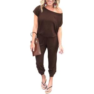 imagePRETTYGARDEN Jumpsuits for Women 2025 Summer Dressy Off Shoulder Romper Spring Vacation Travel Lounge Outfits ClothesBrown
