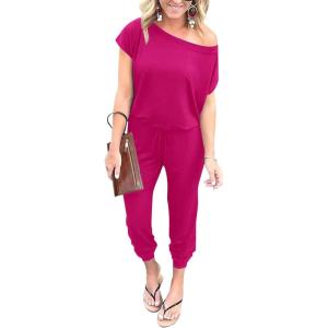 imagePRETTYGARDEN Jumpsuits for Women 2025 Summer Dressy Off Shoulder Romper Spring Vacation Travel Lounge Outfits ClothesRose Red