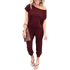 imagePRETTYGARDEN Jumpsuits for Women 2025 Summer Dressy Off Shoulder Romper Spring Vacation Travel Lounge Outfits ClothesWine Red