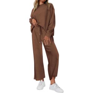 imagePRETTYGARDEN Womens 2 Piece Outfits Casual Long Sleeve Pullover Tops and Wide Leg Pants Knitted Lounge SetsBrown