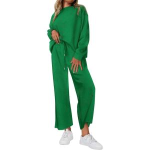 imagePRETTYGARDEN Womens 2 Piece Outfits Casual Long Sleeve Pullover Tops and Wide Leg Pants Knitted Lounge SetsGreen
