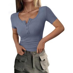 imagePRETTYGARDEN Womens 2025 Spring Summer Short Sleeve Tops Ribbed Henley Button Slim Fit Basic Casual T Shirts Blouse ClothingBlue Grey