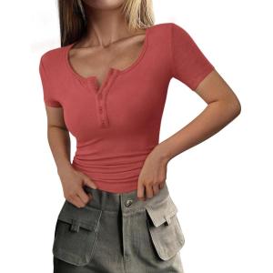 imagePRETTYGARDEN Womens 2025 Spring Summer Short Sleeve Tops Ribbed Henley Button Slim Fit Basic Casual T Shirts Blouse ClothingCoral Red