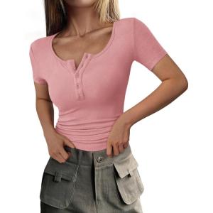 imagePRETTYGARDEN Womens 2025 Spring Summer Short Sleeve Tops Ribbed Henley Button Slim Fit Basic Casual T Shirts Blouse ClothingPink