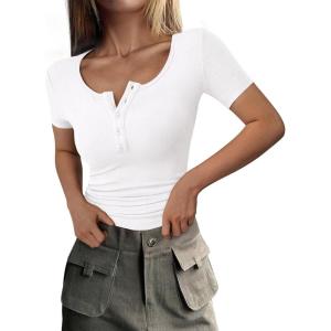 imagePRETTYGARDEN Womens 2025 Spring Summer Short Sleeve Tops Ribbed Henley Button Slim Fit Basic Casual T Shirts Blouse ClothingWhite