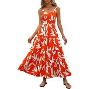 imagePRETTYGARDEN Womens Summer Floral Maxi Dress Sleeveless Smocked Ruffle Long Flowy Beach Vacation Boho SundressesFloral Orange Beige