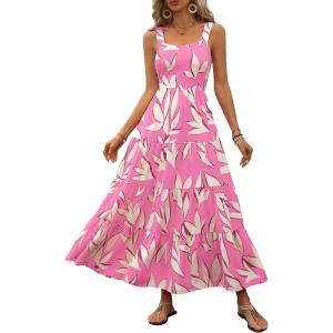 imagePRETTYGARDEN Womens Summer Floral Maxi Dress Sleeveless Smocked Ruffle Long Flowy Beach Vacation Boho SundressesFloral Pink Beige