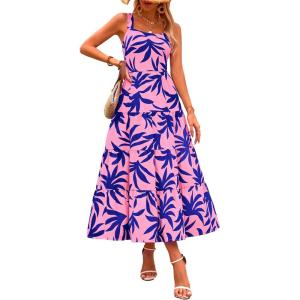 imagePRETTYGARDEN Womens Summer Floral Maxi Dress Sleeveless Smocked Ruffle Long Flowy Beach Vacation Boho SundressesFloral Pink Blue