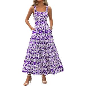 imagePRETTYGARDEN Womens Summer Floral Maxi Dress Sleeveless Smocked Ruffle Long Flowy Beach Vacation Boho SundressesFloral Purple White