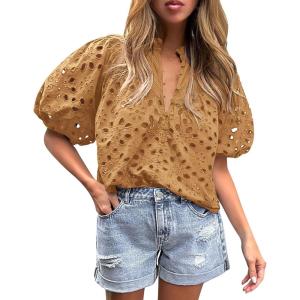 imagePRETTYGARDEN Womens Summer Tops 2025 Dressy Casual Short Sleeve V Neck Buttons Hollow Out Lace Embroidered Blouses ShirtsKhaki