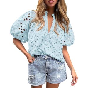 imagePRETTYGARDEN Womens Summer Tops 2025 Dressy Casual Short Sleeve V Neck Buttons Hollow Out Lace Embroidered Blouses ShirtsLight Blue