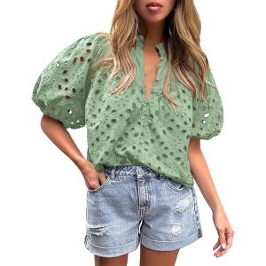 imagePRETTYGARDEN Womens Summer Tops 2025 Dressy Casual Short Sleeve V Neck Buttons Hollow Out Lace Embroidered Blouses ShirtsSage Green