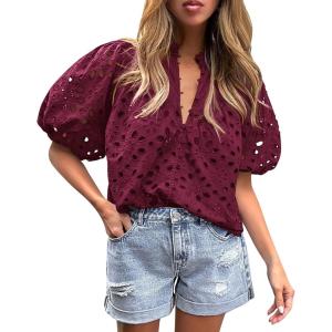 imagePRETTYGARDEN Womens Summer Tops 2025 Dressy Casual Short Sleeve V Neck Buttons Hollow Out Lace Embroidered Blouses ShirtsWine Red