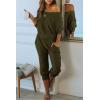 imagePRETTYGARDEN Womens 2 Piece Ribbed Tracksuit Outfits Off Shoulder Long Sleeve Pullover Lounge Pants with PocketsArmy Green