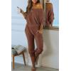 imagePRETTYGARDEN Womens 2 Piece Ribbed Tracksuit Outfits Off Shoulder Long Sleeve Pullover Lounge Pants with PocketsCoffee