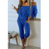 imagePRETTYGARDEN Womens 2 Piece Ribbed Tracksuit Outfits Off Shoulder Long Sleeve Pullover Lounge Pants with PocketsDark Blue