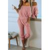 imagePRETTYGARDEN Womens 2 Piece Ribbed Tracksuit Outfits Off Shoulder Long Sleeve Pullover Lounge Pants with PocketsDusty Pink
