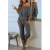 imagePRETTYGARDEN Womens 2 Piece Ribbed Tracksuit Outfits Off Shoulder Long Sleeve Pullover Lounge Pants with PocketsGrey Blue