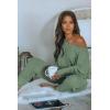 imagePRETTYGARDEN Womens 2 Piece Ribbed Tracksuit Outfits Off Shoulder Long Sleeve Pullover Lounge Pants with PocketsLight Green