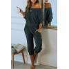 imagePRETTYGARDEN Womens 2 Piece Ribbed Tracksuit Outfits Off Shoulder Long Sleeve Pullover Lounge Pants with PocketsNavy