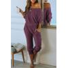 imagePRETTYGARDEN Womens 2 Piece Ribbed Tracksuit Outfits Off Shoulder Long Sleeve Pullover Lounge Pants with PocketsPurple Red