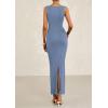 imagePRETTYGARDEN Womens 2025 Summer Semi Formal Midi Dresses Sleeveless Ruched Bodycon Long Elegant Cocktail Wedding Guest DressGrey Blue