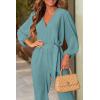 imagePRETTYGARDEN Womens Spring Fall Jumpsuits Casual Dressy One Piece Outfits V Neck Long Sleeve Belt Pockets Long Pants RomperBlue Green