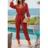 imagePRETTYGARDEN Womens Spring Fall Jumpsuits Casual Dressy One Piece Outfits V Neck Long Sleeve Belt Pockets Long Pants RomperRust Red
