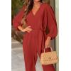 imagePRETTYGARDEN Womens Spring Fall Jumpsuits Casual Dressy One Piece Outfits V Neck Long Sleeve Belt Pockets Long Pants RomperRust Red