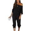 imagePRETTYGARDEN Womens 2 Piece Ribbed Tracksuit Outfits Off Shoulder Long Sleeve Pullover Lounge Pants with PocketsBlack