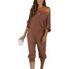 imagePRETTYGARDEN Womens 2 Piece Ribbed Tracksuit Outfits Off Shoulder Long Sleeve Pullover Lounge Pants with PocketsCoffee