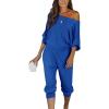 imagePRETTYGARDEN Womens 2 Piece Ribbed Tracksuit Outfits Off Shoulder Long Sleeve Pullover Lounge Pants with PocketsDark Blue