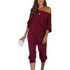 imagePRETTYGARDEN Womens 2 Piece Ribbed Tracksuit Outfits Off Shoulder Long Sleeve Pullover Lounge Pants with PocketsWine Red