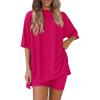 imagePRETTYGARDEN Womens Two Piece Lounge Set 2025 Summer Casual Oversized Shirts Biker Shorts Matching Airport Travel OutfitRose Red