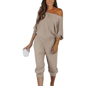 imagePRETTYGARDEN Womens 2 Piece Ribbed Tracksuit Outfits Off Shoulder Long Sleeve Pullover Lounge Pants with PocketsApricot