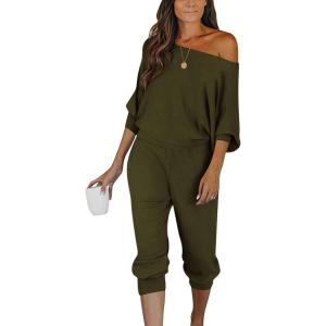 imagePRETTYGARDEN Womens 2 Piece Ribbed Tracksuit Outfits Off Shoulder Long Sleeve Pullover Lounge Pants with PocketsArmy Green