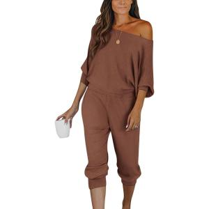 imagePRETTYGARDEN Womens 2 Piece Ribbed Tracksuit Outfits Off Shoulder Long Sleeve Pullover Lounge Pants with PocketsCoffee