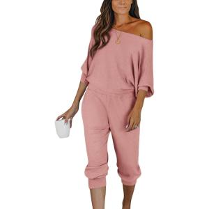 imagePRETTYGARDEN Womens 2 Piece Ribbed Tracksuit Outfits Off Shoulder Long Sleeve Pullover Lounge Pants with PocketsDusty Pink