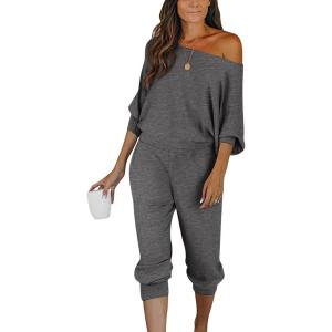 imagePRETTYGARDEN Womens 2 Piece Ribbed Tracksuit Outfits Off Shoulder Long Sleeve Pullover Lounge Pants with PocketsGrey Blue