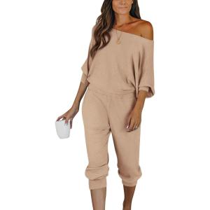 imagePRETTYGARDEN Womens 2 Piece Ribbed Tracksuit Outfits Off Shoulder Long Sleeve Pullover Lounge Pants with PocketsKhaki