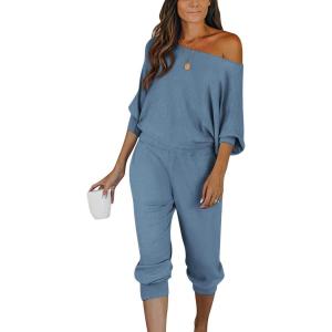 imagePRETTYGARDEN Womens 2 Piece Ribbed Tracksuit Outfits Off Shoulder Long Sleeve Pullover Lounge Pants with PocketsLight Blue