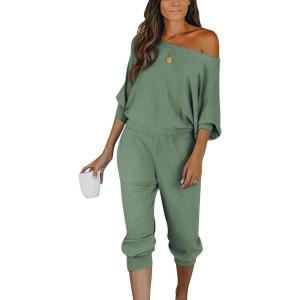 imagePRETTYGARDEN Womens 2 Piece Ribbed Tracksuit Outfits Off Shoulder Long Sleeve Pullover Lounge Pants with PocketsLight Green