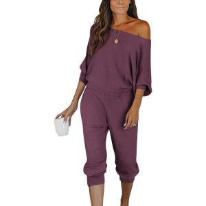 imagePRETTYGARDEN Womens 2 Piece Ribbed Tracksuit Outfits Off Shoulder Long Sleeve Pullover Lounge Pants with PocketsPurple Red